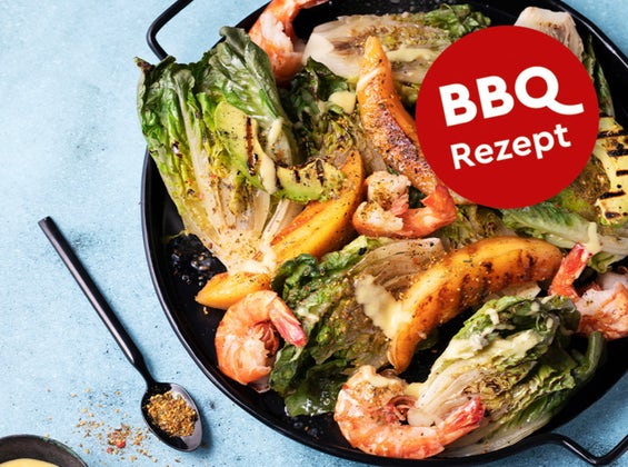 Gegrillte Melone mit Avocados, Garnelen und Mango-Limetten-Dressing